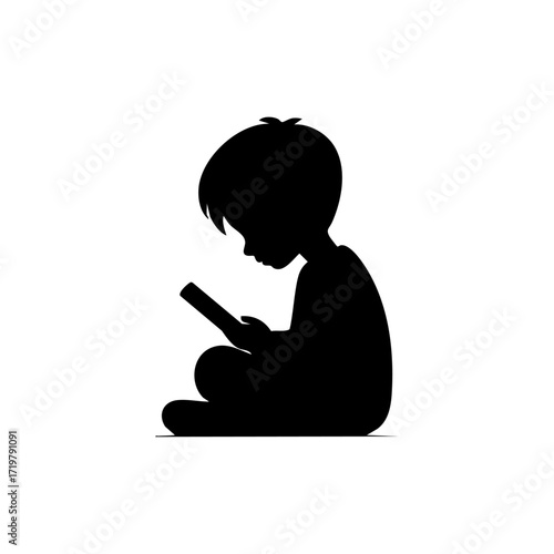 Minimal vector of a child seated and staring at a smartphone, reflecting overuse of digital devices among youth.
