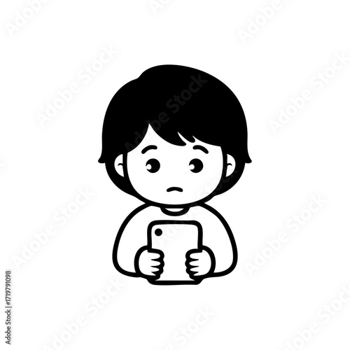 Cute cartoon vector of a worried child holding a smartphone, symbolizing concerns about screen time, online safety, and mobile dependency.
