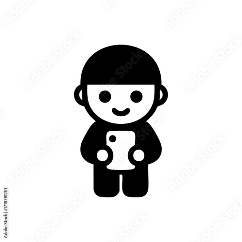 Minimalist vector logo of a child holding a smartphone instead of a toy, symbolizing early screen exposure and digital childhood.
