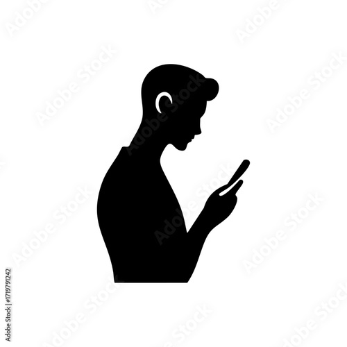 Minimalist vector logo of a person with smartphone, symbolizing identity shaped by digital devices.
