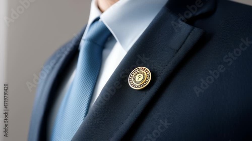 Golden lapel pin on dark blue business suit with light blue tie, professional clothing and formal wear showcasing corporate attire and confident style