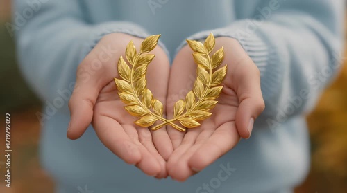 Golden laurel wreath held gently in open hand palm with soft blue sweater background symbolizing gold victory achievement symbol warm emotion