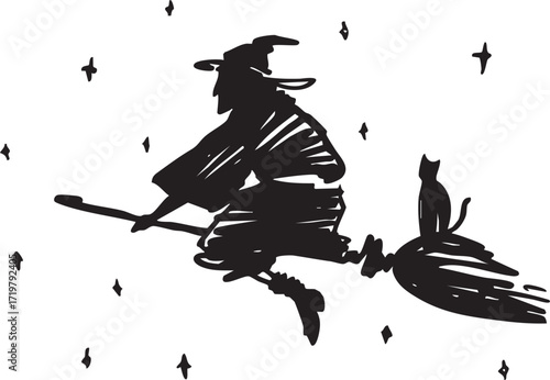 A classic witch gracefully flies on her broomstick with a cat below a starry sky