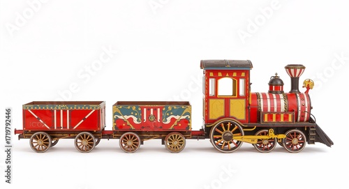 A retro decorated circus train with colorful wagons striped patterns and wooden details on plain white background