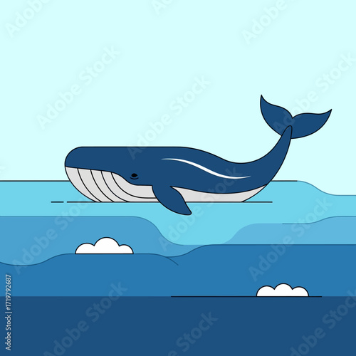 Stylized Blue Whale Illustration in Ocean Waters.