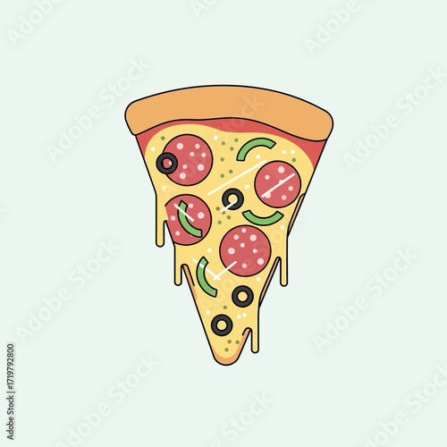 Delicious Pizza Slice with Pepperoni, Olives, and Green Peppers.