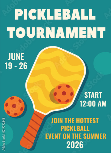 Pickleball Tournament 2026. Vector bannerposter for the Summer Pickleball Cup. Bright colors, racket, ball on a mint-green background. Suitable for sporting events, tournaments, promotional materials