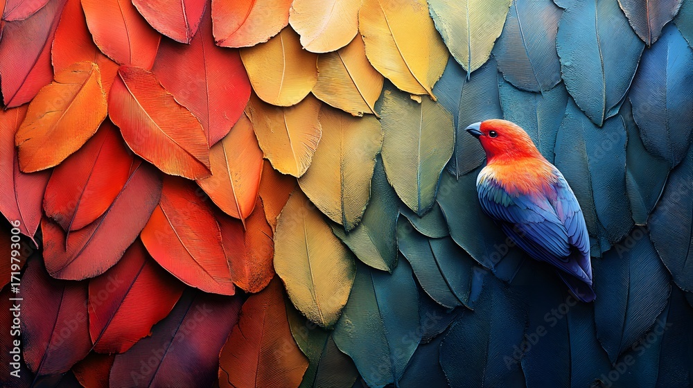 Obraz premium Stylized leaves cascade in a vibrant gradient, from fiery reds to cool blues. A colorful bird, mirroring the leaves' hues, adds life. Abstract Background Trend