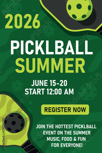 Summer Pickleball Cup tournament with date and schedule. Stylish vector banner on a green background. For announcing doubles and mixed doubles games, club promotions, and professional sporting events