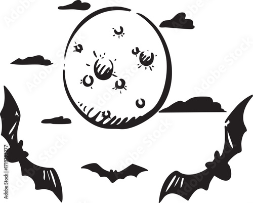 Spooky Night An Illustration Featuring Bats and a Full Moon in an Atmospheric Setting