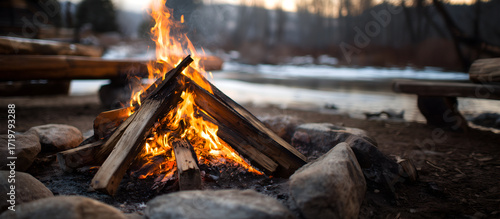Fototapeta Naklejka Na Ścianę i Meble -  Creative lifestyle template. Campfire bonfire fire burning, wooden chopped tree log trunk stump wood firewood rocks with blurred frozen lake forest outdoor background. copy text space. Long banner