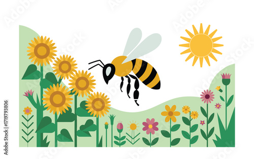 Bee in a Flower Garden Illustration with Sunflowers and Colorful Blossoms, Cartoon Bee Illustration, Summer Floral Scene Illustration