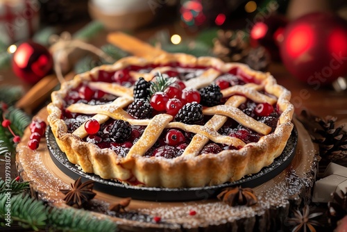 Delicious Christmas berry pie with a golden crust, garnished with fresh berries, placed on a rustic wooden table surrounded by festive decorations and holiday ambiance