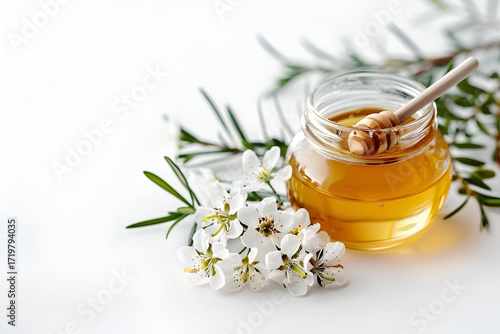 Glass jar of honey with wooden dipper, surrounded by fresh white flowers and green leaves, creating a natural and organic atmosphere for wellness and culinary use