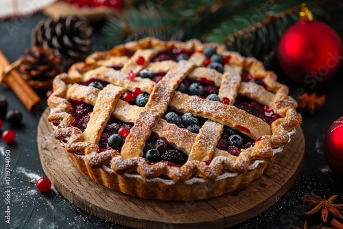Delicious Christmas berry pie with a golden lattice crust, garnished with powdered sugar, placed on a wooden board, surrounded by festive decorations and natural elements for a cozy atmosphere