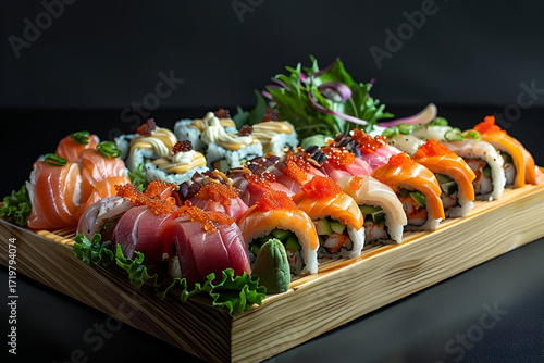 Colorful sushi platter featuring various types of sushi rolls, garnished with fresh greens and delicate toppings, beautifully arranged on a wooden serving board for an appetizing presentation