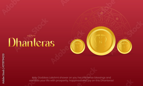 Happy Dhanteras Banner and Greeting Card Wishes. Indian Festival of Lights and Akshaya Tritiya Background with Gold Coin and Text Vector Illustration