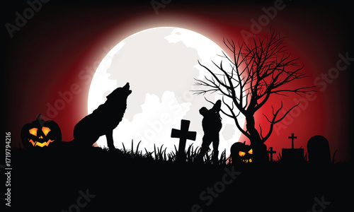 The rise of zombies on Halloween night decorated with scary pumpkins