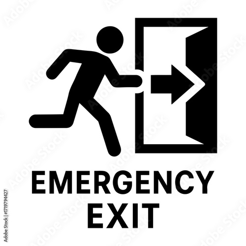 Vector illustration of a stick figure running towards an emergency exit with arrow sign door