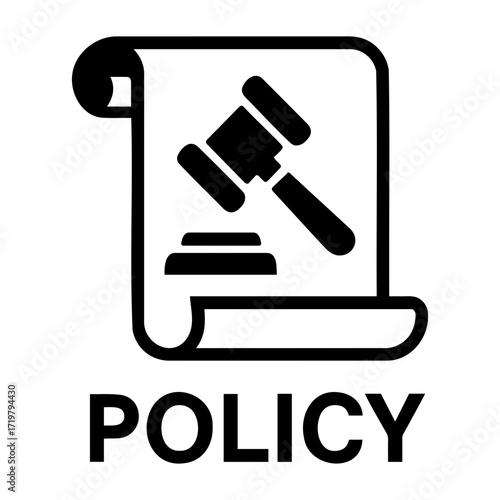 Vector illustration of a gavel and sound block on a scroll representing law and policy rules