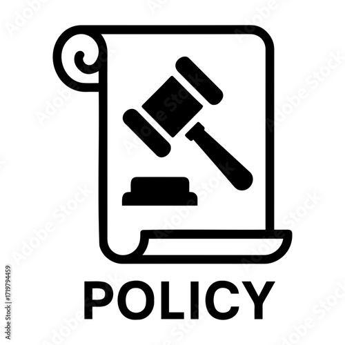 Vector illustration of a gavel on a scroll representing law policy and legal documentation process