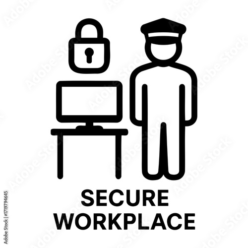 Vector illustration of a computer on a desk with a lock and a security guard standing nearby