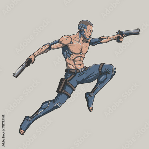 Agile Man with Cybernetic Enhancements Wielding Dual Pistols Mid-Jump – Flat Vector with Sleek Rugged Textures and Dynamic Angle