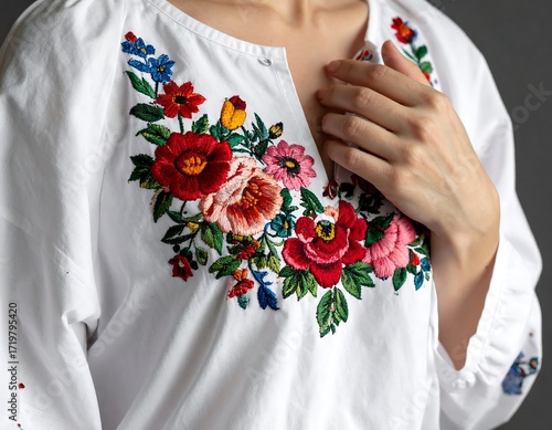 Close-up of embroidered floral blouse