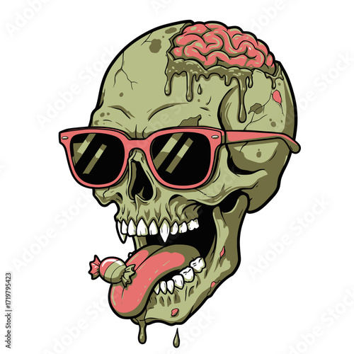 Bold Streetwear Skull Illustration with Oversized Sunglasses, Dripping Green Tongue, Ice Cream Bar – Modern Edgy Vector Design