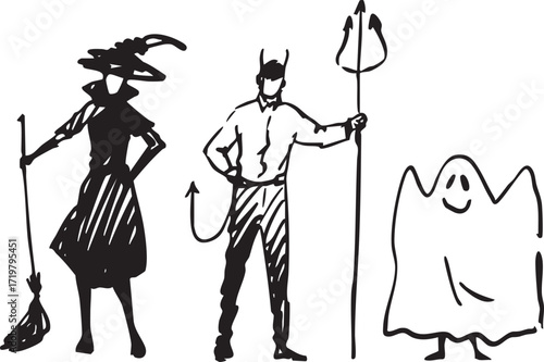 An Illustration Featuring Halloween Characters A Witch, a Devil, and a Ghost is created