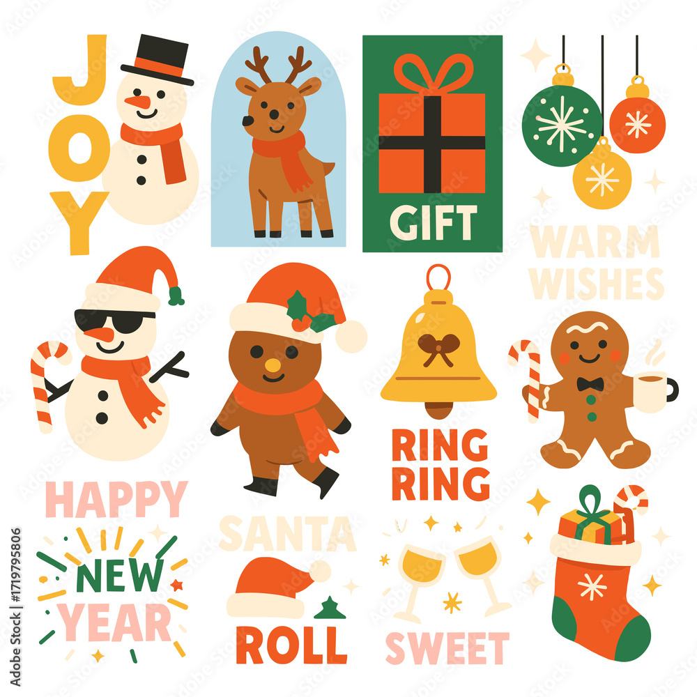 Fototapeta premium Cool Christmas Characters Sticker Set. Retro Santa Snowman and Reindeer with Jolly Holiday Slogans.
