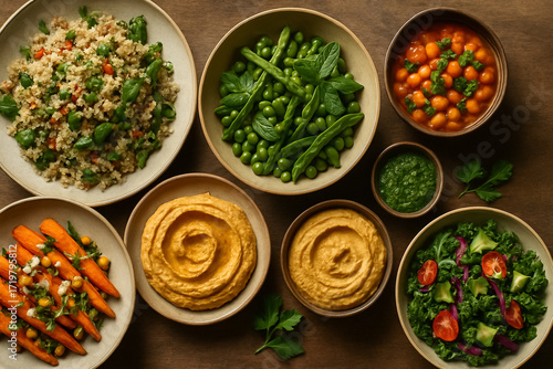 Bowls of vegetables and hummus dip