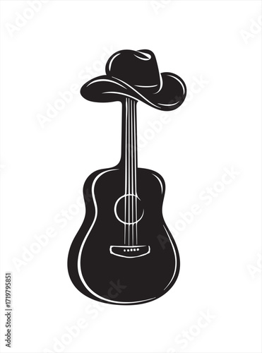 Acoustic Guitar Topped with a Cowboy Hat in Silhouette 