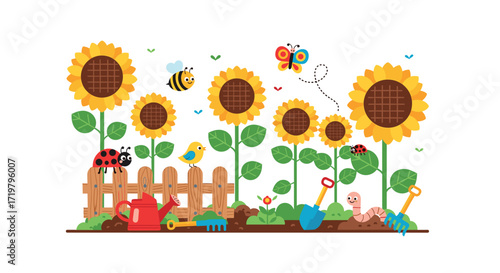 Cute Cartoon Garden Scene with Sunflowers, Insects, and Gardening Tools - Perfect for Children's Illustrations and Educational Resources, Spring Gardening
