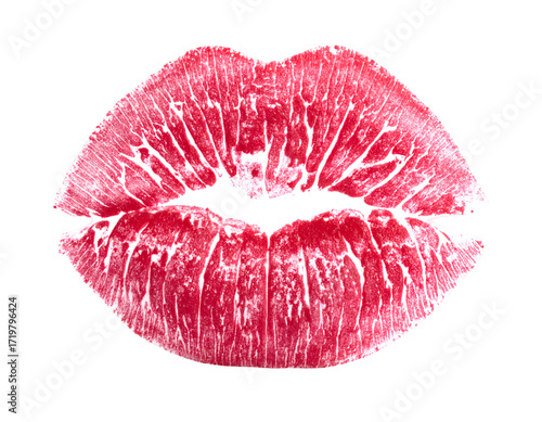 Vibrant red lipstick kiss mark on a clean white background, showcasing beauty and expression in a striking design.