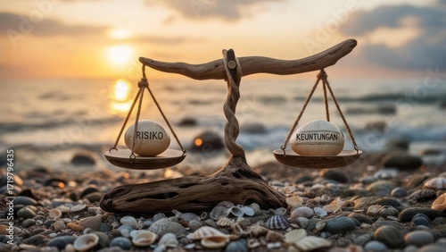 Wooden scales, balancing risk and return, on a beach at sunset
