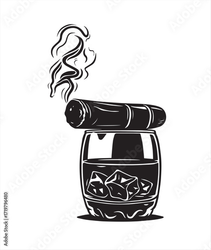 Black and white illustration of a cigar resting on a glass of whiskey with ice cubes and smoke tobacco