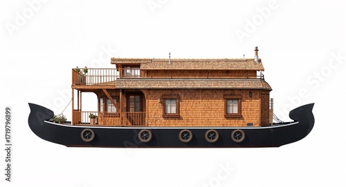 Houseboat with balcony small rooftop deck and windows decorated cozily on plain white background