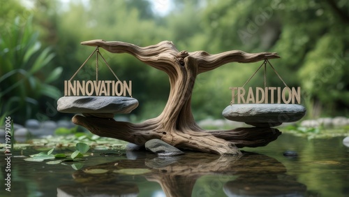 Wooden scales, representing innovation and tradition, balanced over a tranquil pond, surrounded by lush greenery