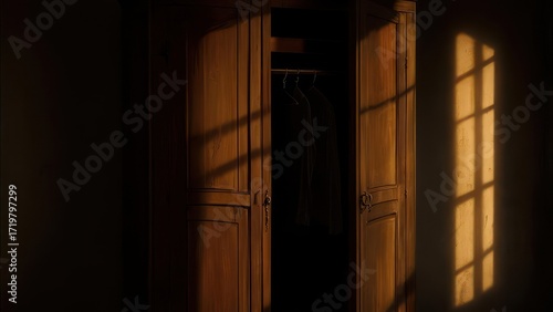 Wooden wardrobe in a dimly lit room, sunbeams casting strong shadows