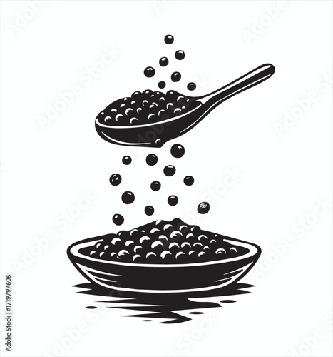 Black Spoon Pouring Black Caviar Into Bowl With Splashes vector illustration
