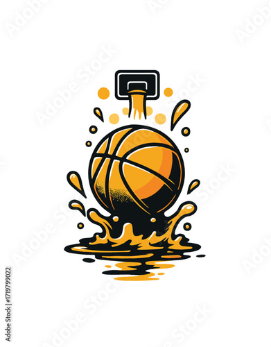 Orange Basketball Dunking into a Hoop with Splashing Liquid .