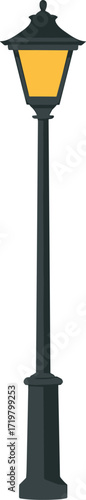 Classic black street lamp with a warm yellow light