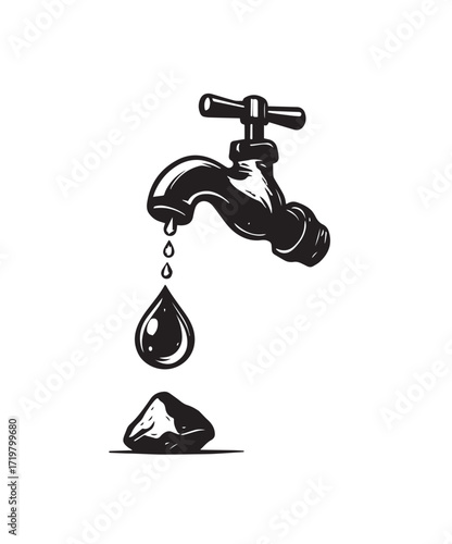 Vintage Style Water Tap Dripping Water onto a Stone Illustration faucet drop