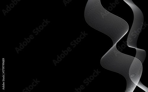 Abstract Wavy Line Flow Background. Minimal abstract background with elegant white wavy lines on a dark surface. Ideal for wallpaper, posters, presentations, digital art, contemporary decoration, etc.