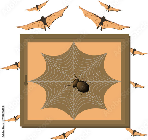 Window with Spider and Bat-Human Silhouette, Transparent Background .Vector illustration featuring a slightly open light-orange window with a light spider web and a brown spider. Outside, multiple bat
