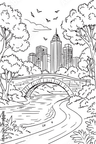 Vector art illustration of a vintage urban landscape with a church and various buildings, trees, and houses sketched in a street scene