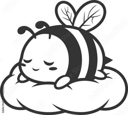 Cute cartoon bee sleeping on a cloud. Vector silhouette logo illustration