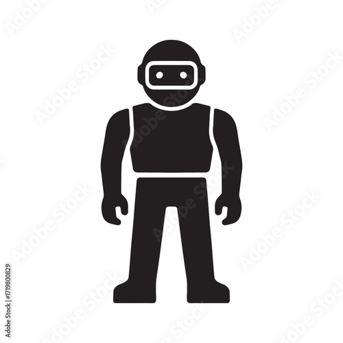 Black silhouette of humanoid robot with a visor and blocky limbs silhouette