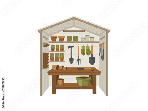 Organized Garden Shed: A tidy potting shed with shelves of plant pots, gloves, tools and a workbench showcasing garden supplies and gardening accessories.